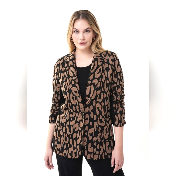 Joseph Ribkoff Camel & Black Leopard Print Stretch Side Panel Jacket NWT Size 4 - Picture 2 of 16